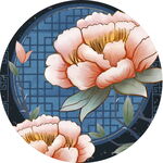 圆形蓝底粉牡丹装饰图