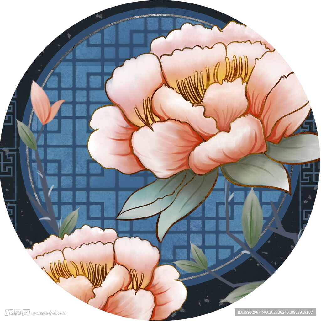 圆形蓝底粉牡丹装饰图