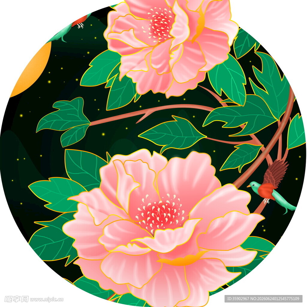圆形插画中的艳丽粉色花卉