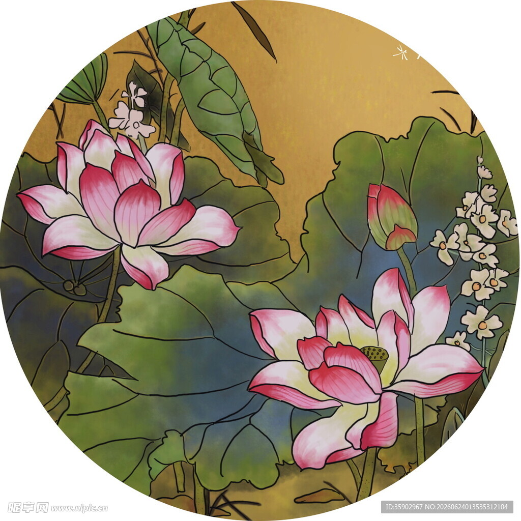 圆形国画中的娇艳荷花