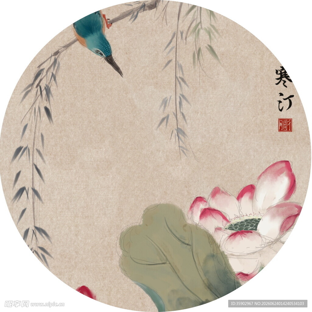 圆形花鸟国画雅致中式风