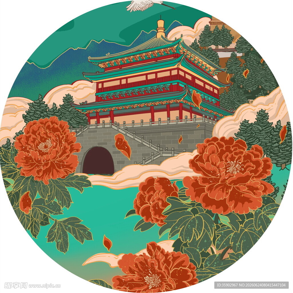 中式楼阁牡丹国风插画