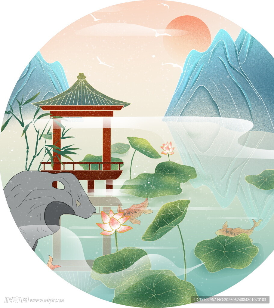 湖畔凉亭赏景图