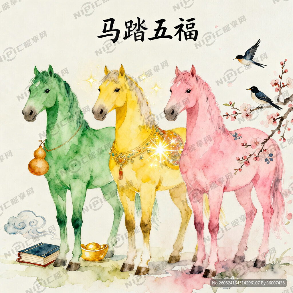 生成《马踏五福》的图片；禄马以