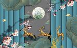 中式花鸟鹿屏风壁画图案