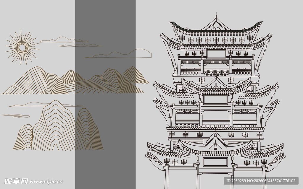 古风塔楼与山水景致