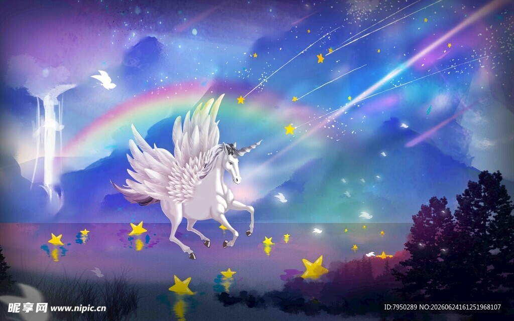 梦幻独角兽在星空下飞舞