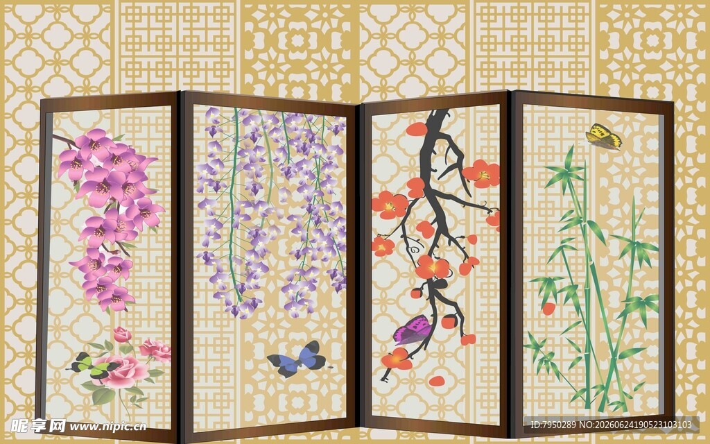 中式花鸟屏风装饰画