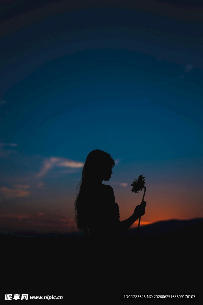 黄昏下女子手持花的剪影