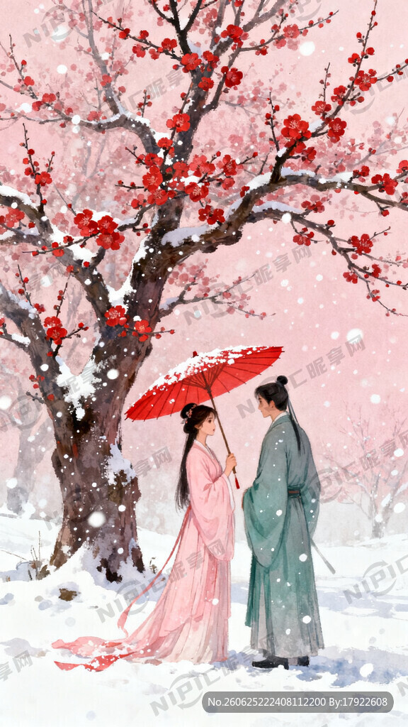 一颗高大的红梅在在雪地上傲立