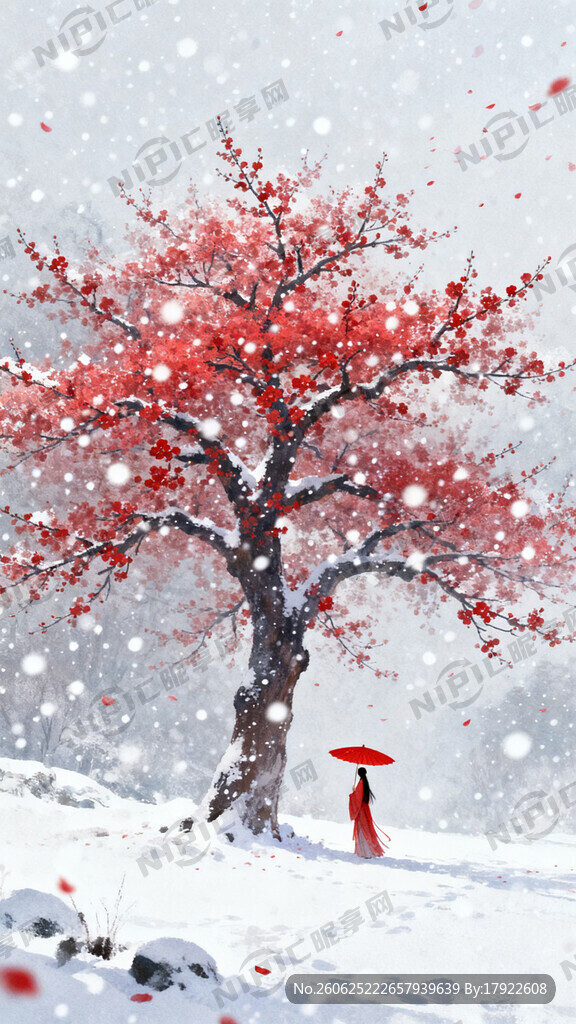 一颗高大的红梅在在雪地上傲立