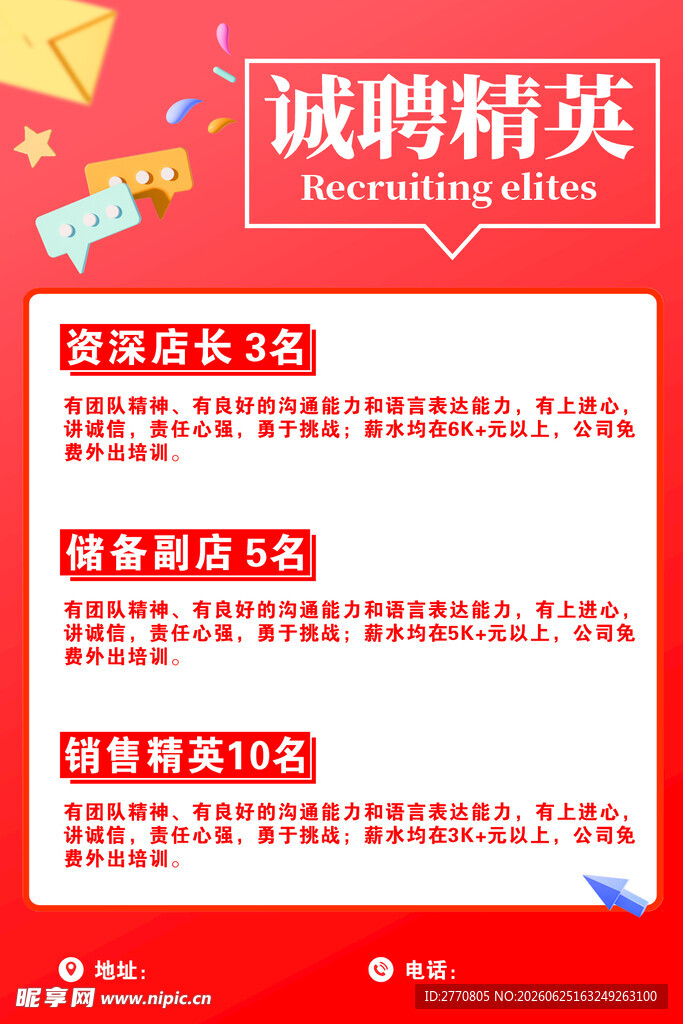 诚聘精英岗位招聘海报