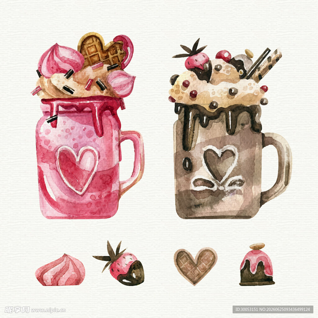手绘甜蜜杯子与甜点插画