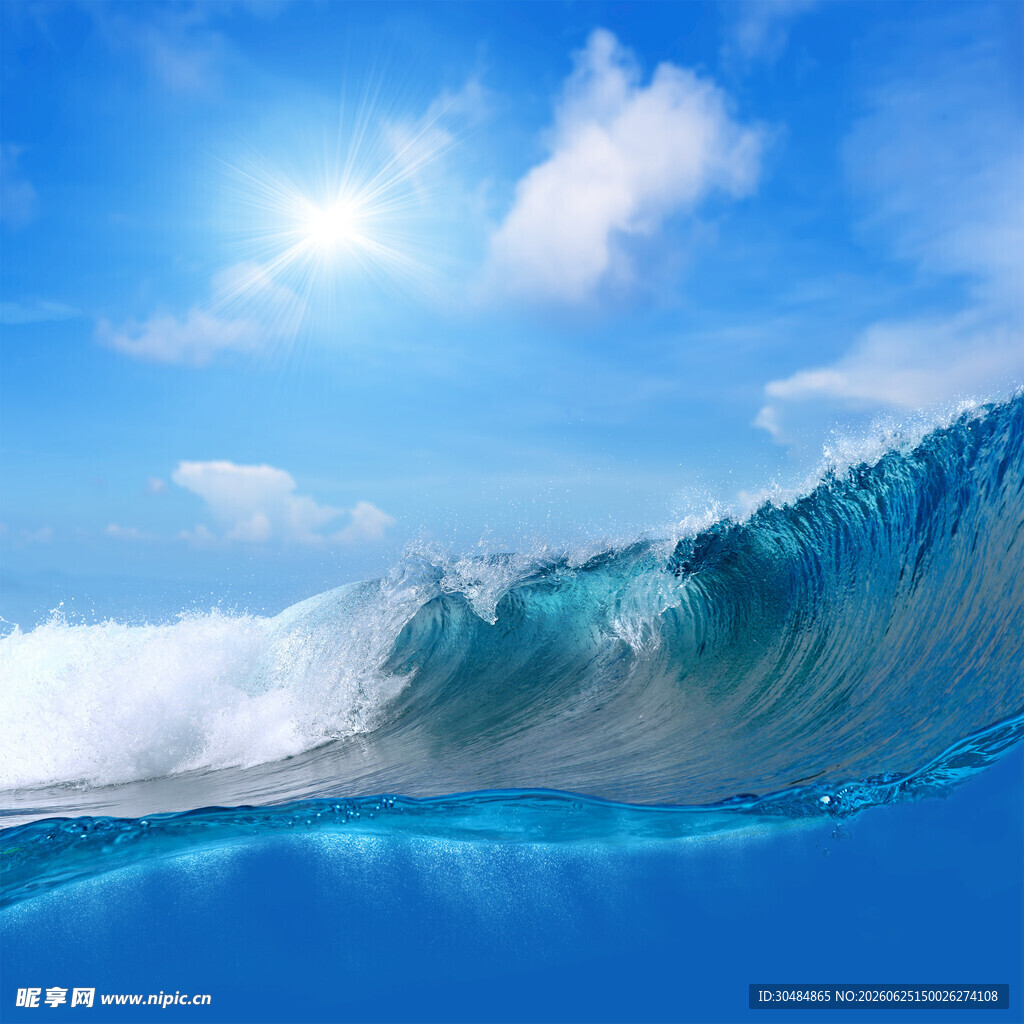 蓝色海浪与阳光海景图