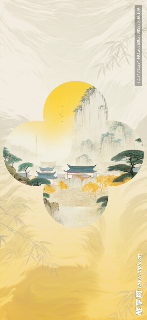 中式山水风飞鸟伴月图景