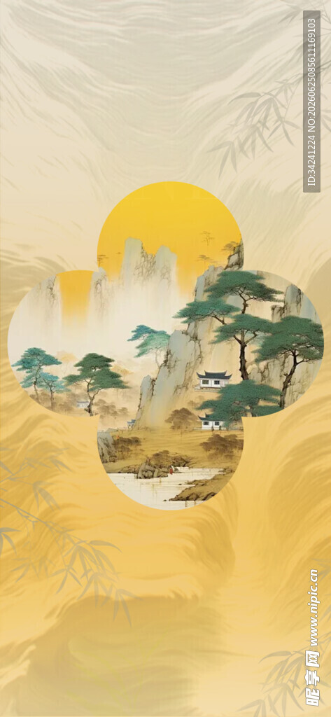 中式山水意境风景插画