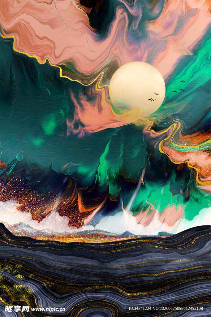 梦幻月夜山水奇幻景象