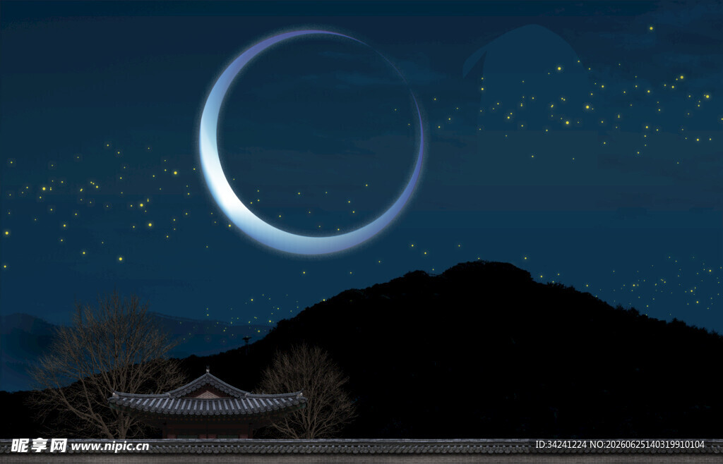 夜空下的新月与山峦
