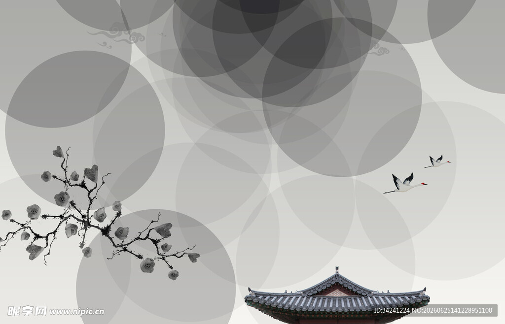 中式水墨风建筑与花枝
