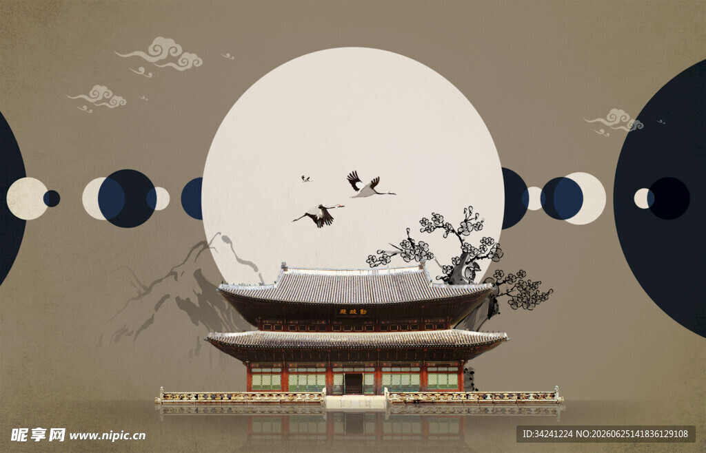 中式月夜古建筑飞鸟图景