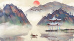 山水间泛舟赏落日美景