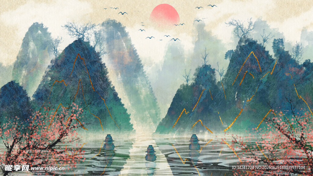 山水间的日出美景