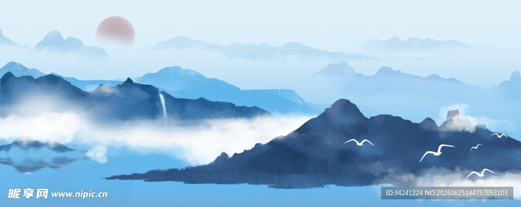 水墨山水间的日出美景