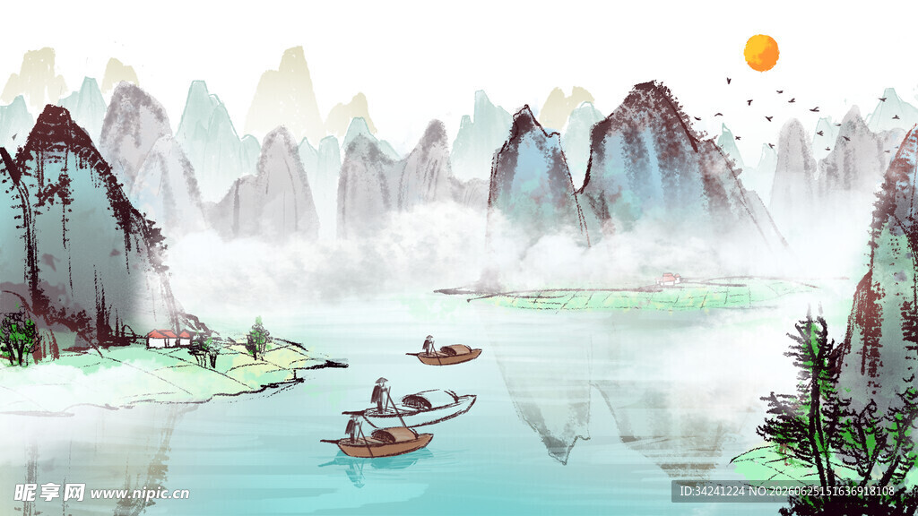 水墨山水间的悠然泛舟景