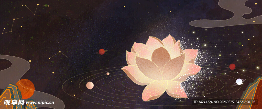 梦幻夜中绽放的唯美莲花
