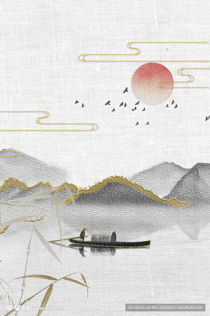 江上泛舟赏日暮山水景