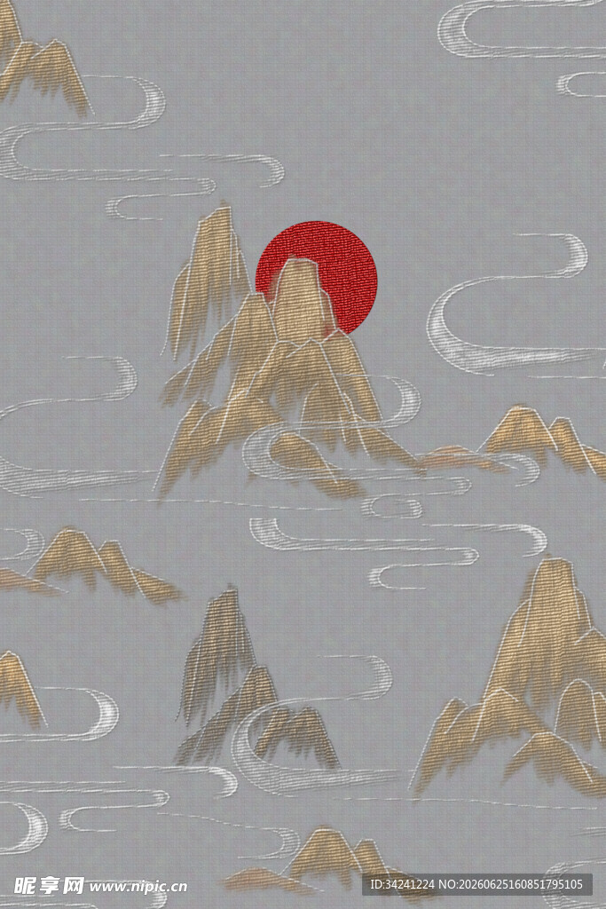 红日映群山中式水墨图景