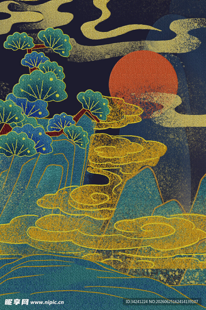中式山水日出意境画作