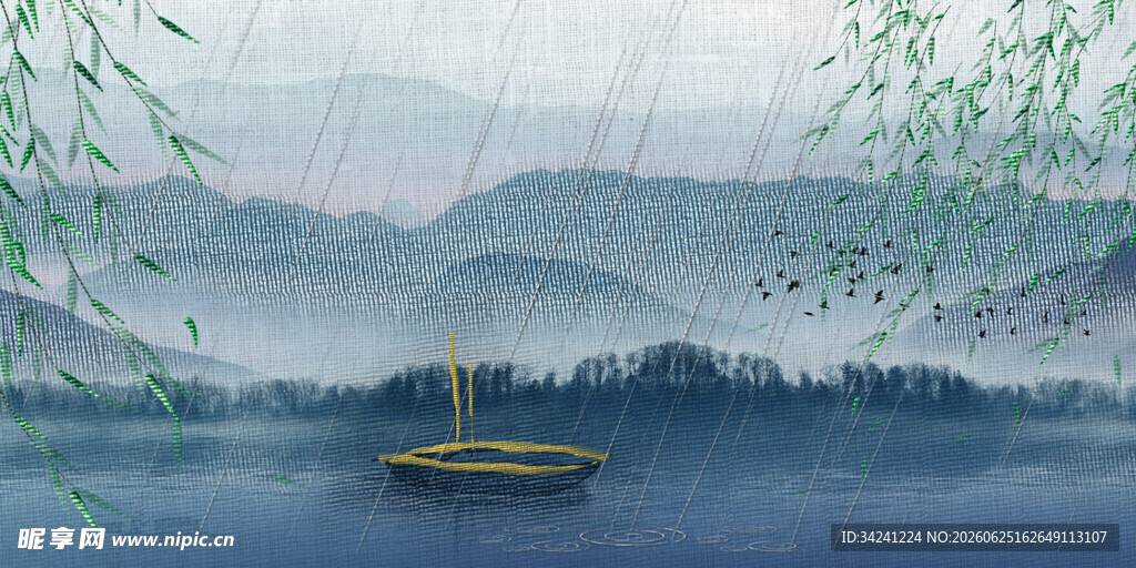 烟雨江南扁舟湖景