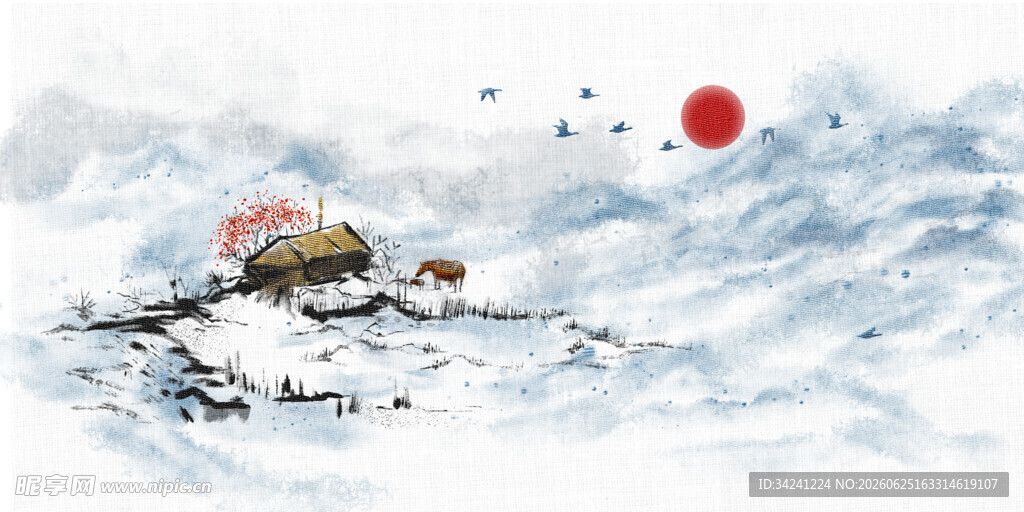 冬日雪山红日下的小屋