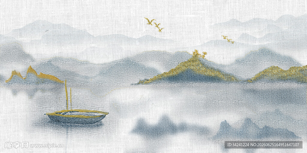 水墨山水间的孤舟飞鸟