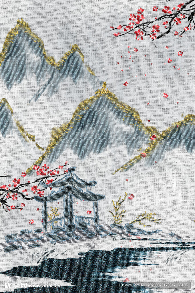 水墨山水间的亭台春景