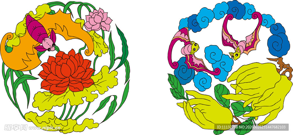 传统蝙蝠花卉装饰图案