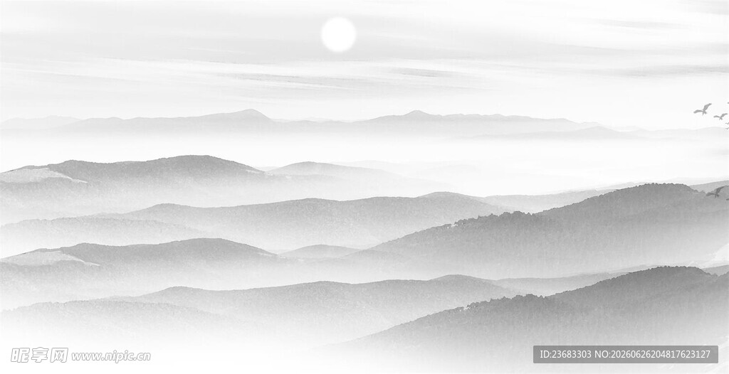 日出水墨画山水画图片