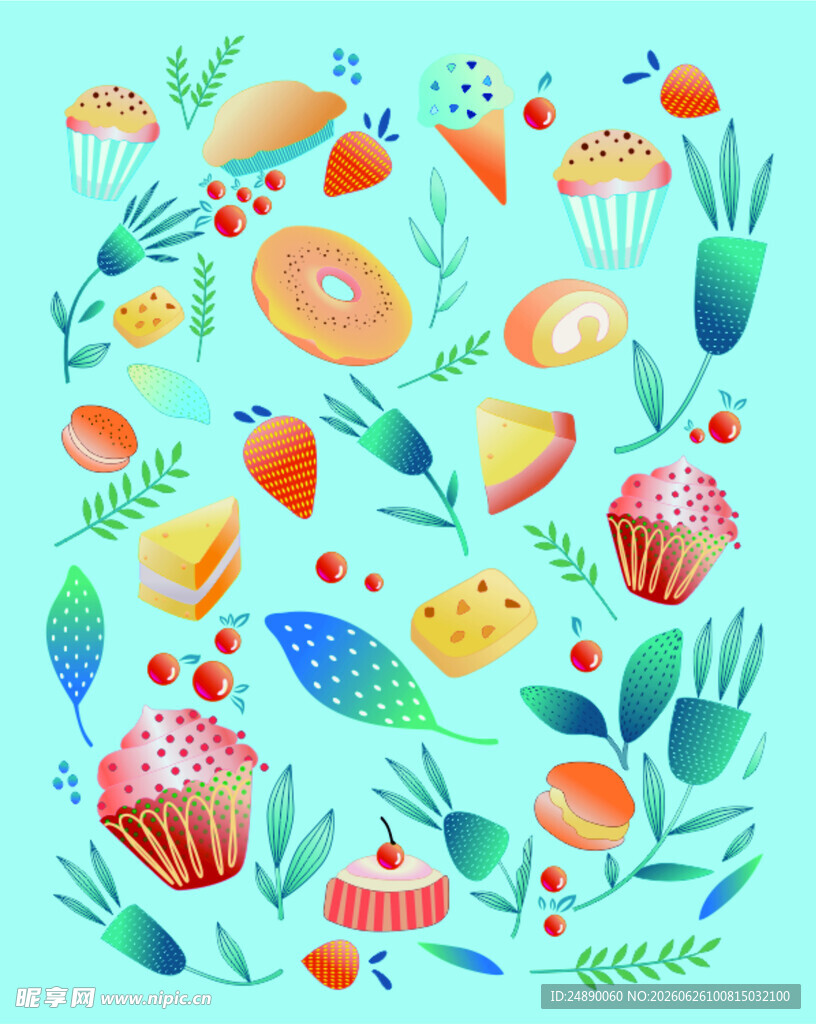 缤纷手绘水果甜点插画