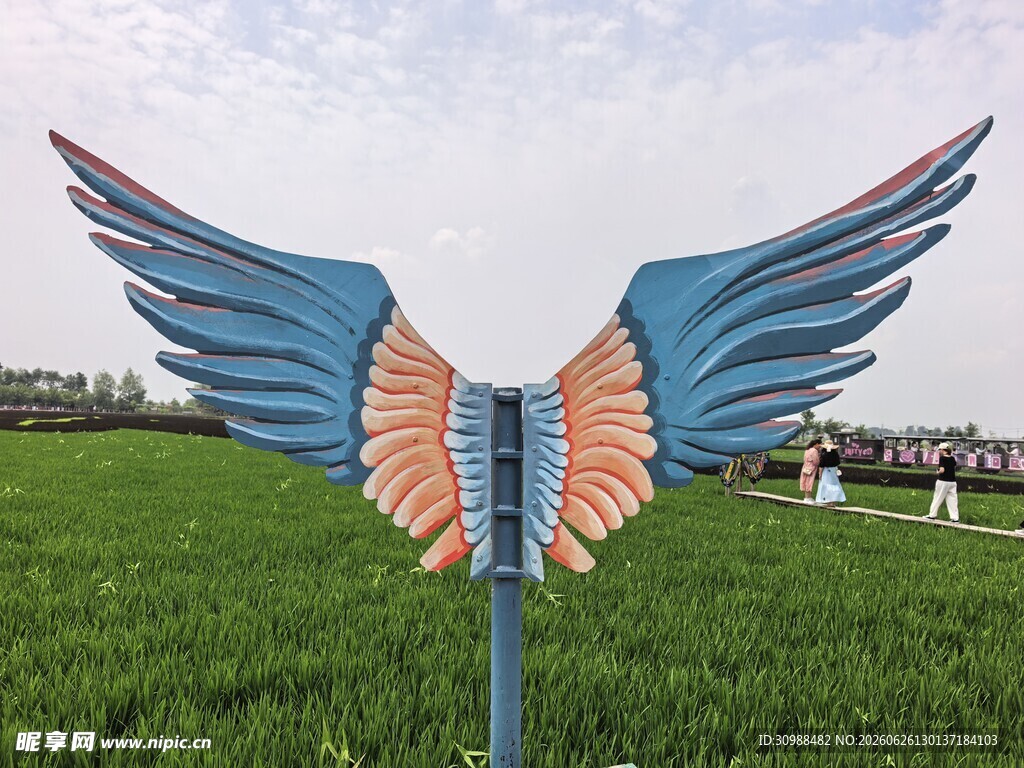稻梦空间 草地上的彩色羽翼雕塑