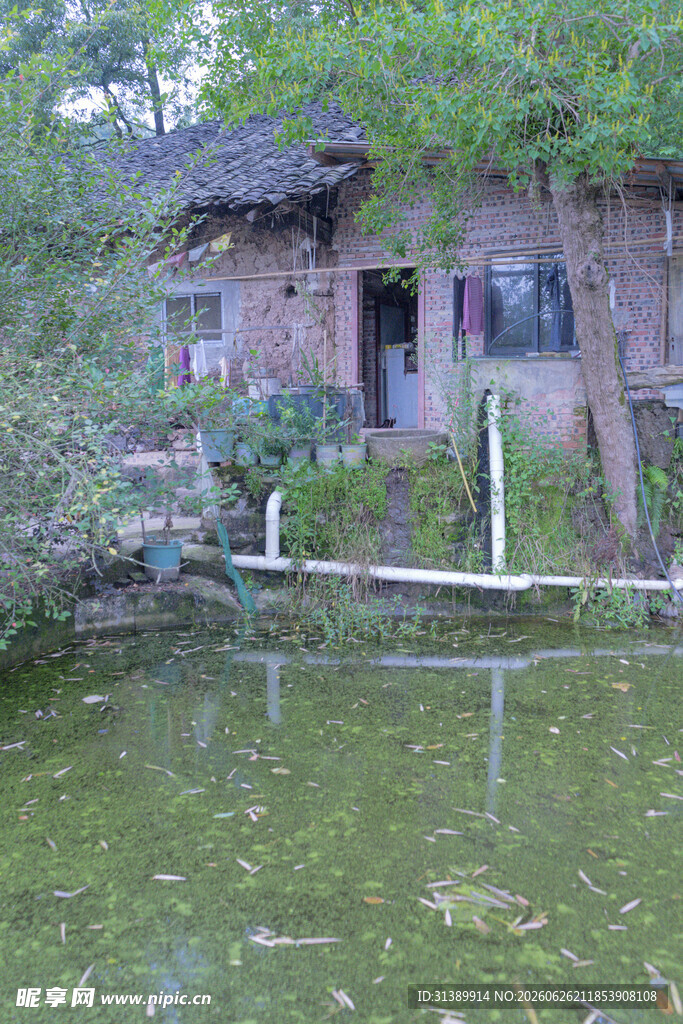 乡村池塘边的古朴小屋