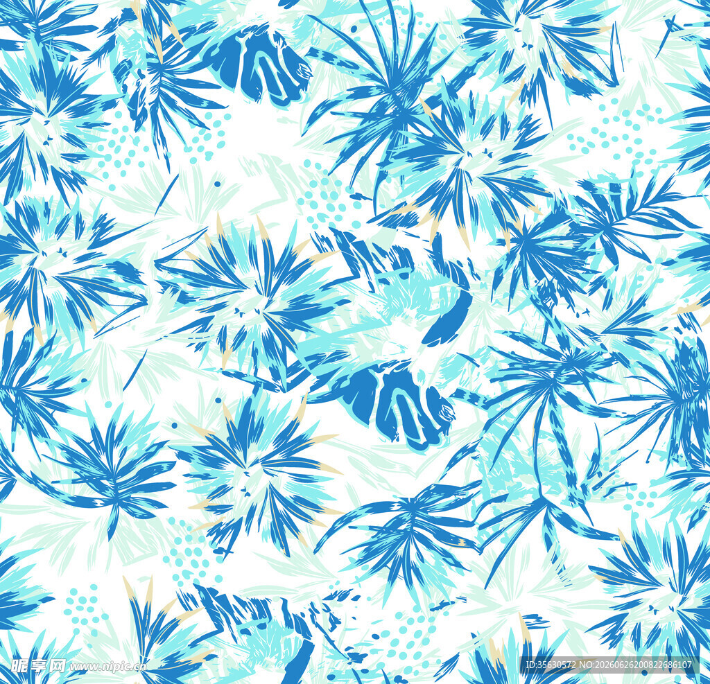 蓝白热带植物花纹图案
