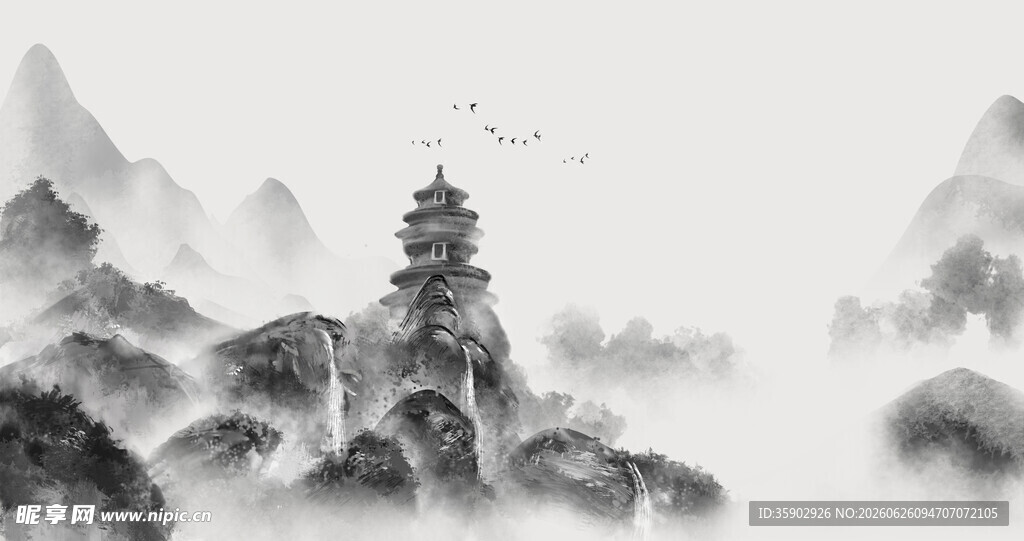 水墨山水间的古塔