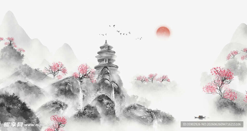 水墨山水间的古塔与繁花