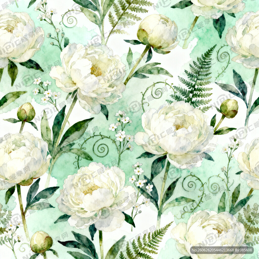 清新水彩手绘白芍药花卉插画