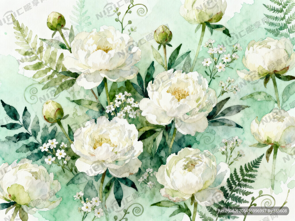 清新水彩手绘白芍药花卉插画