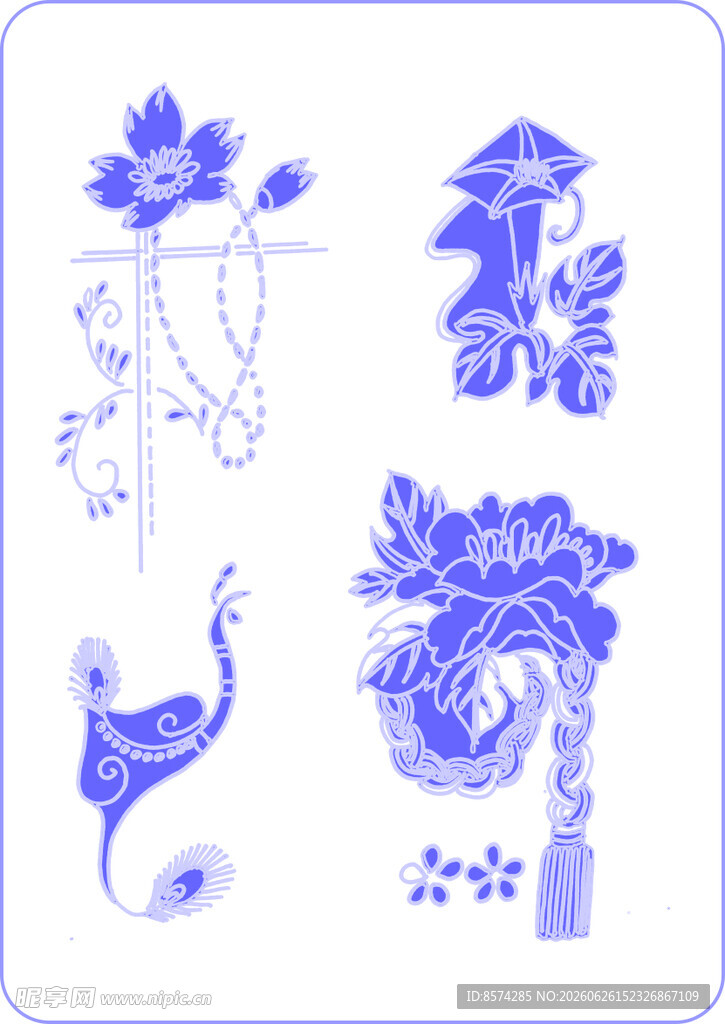 中式蓝白花鸟图案设计元素