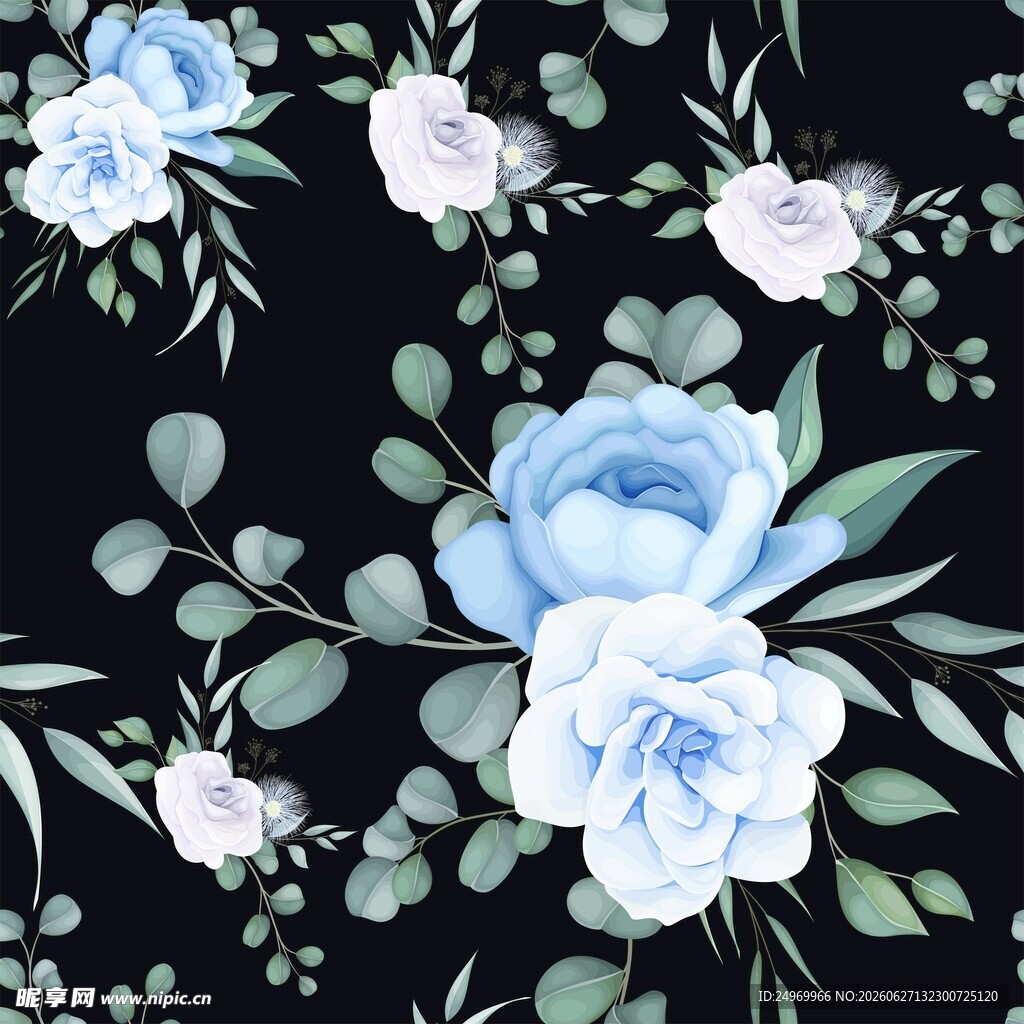 蓝白花卉黑色背景图案