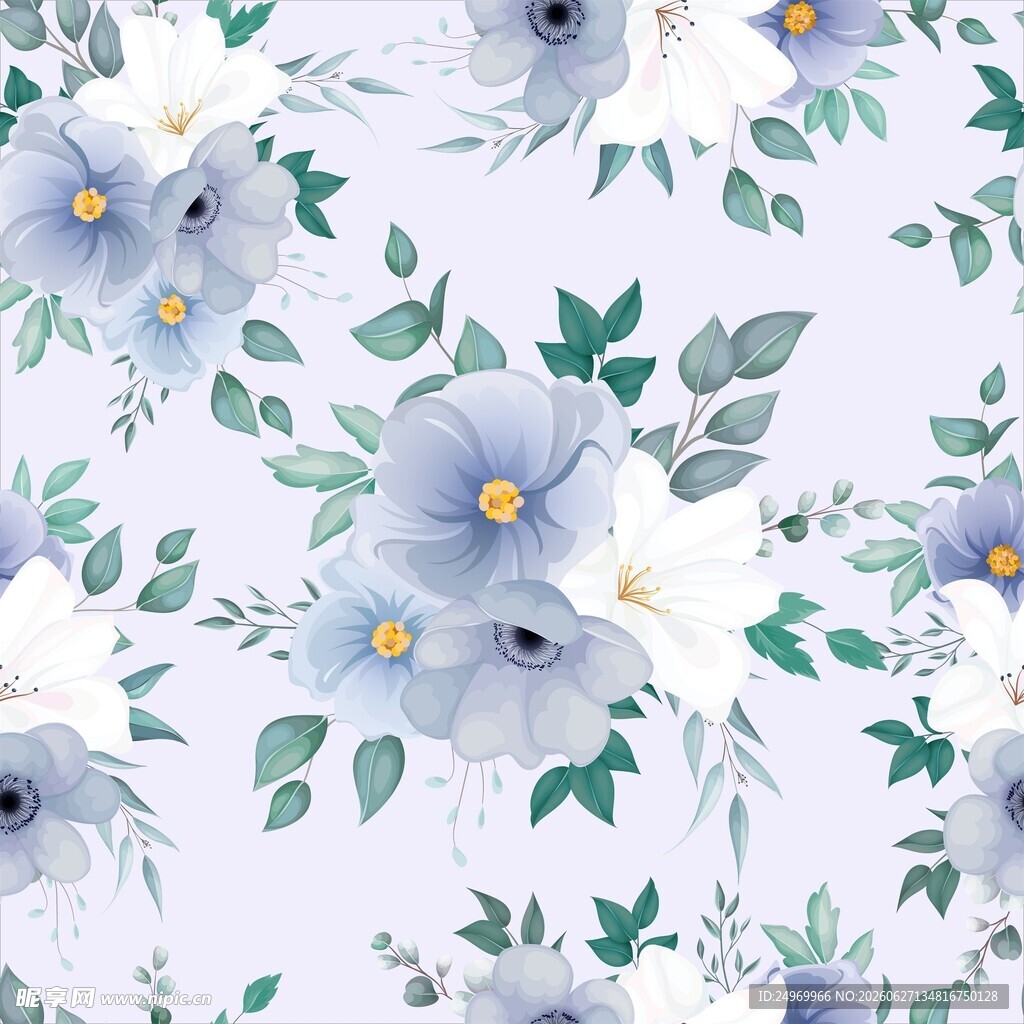 蓝白花卉水彩无缝图案