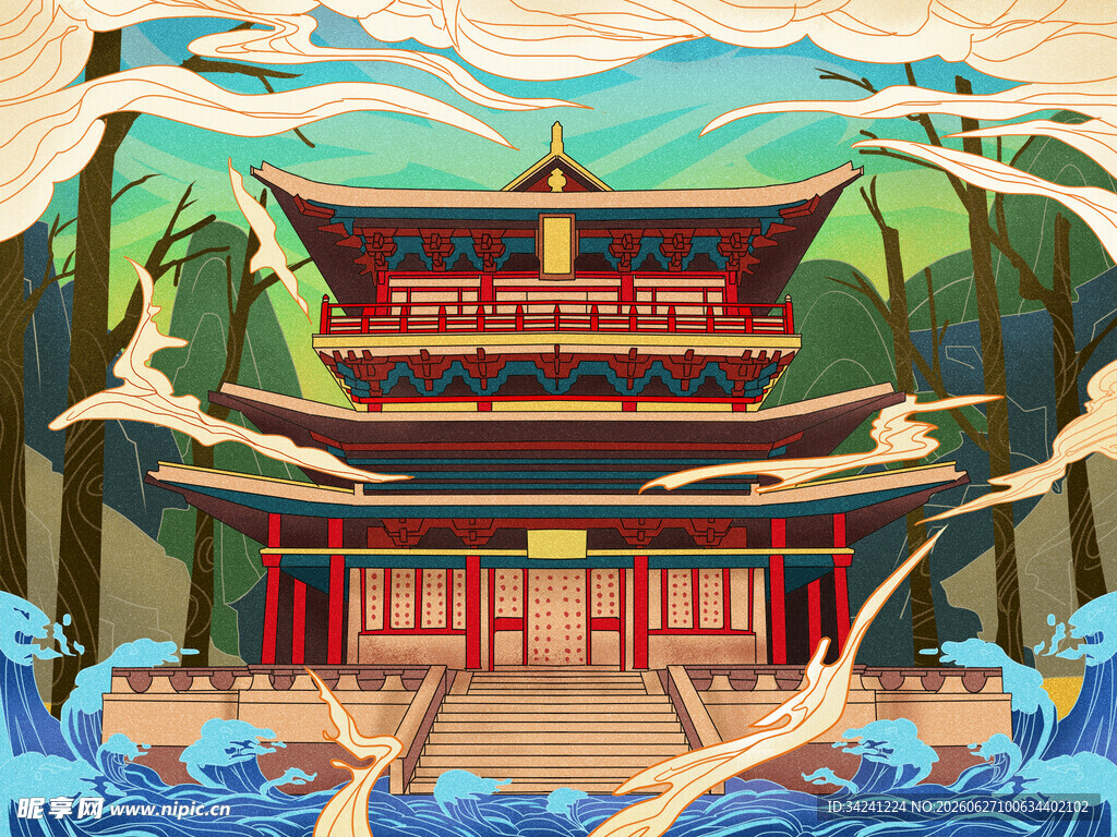 古风山水间的中式楼阁